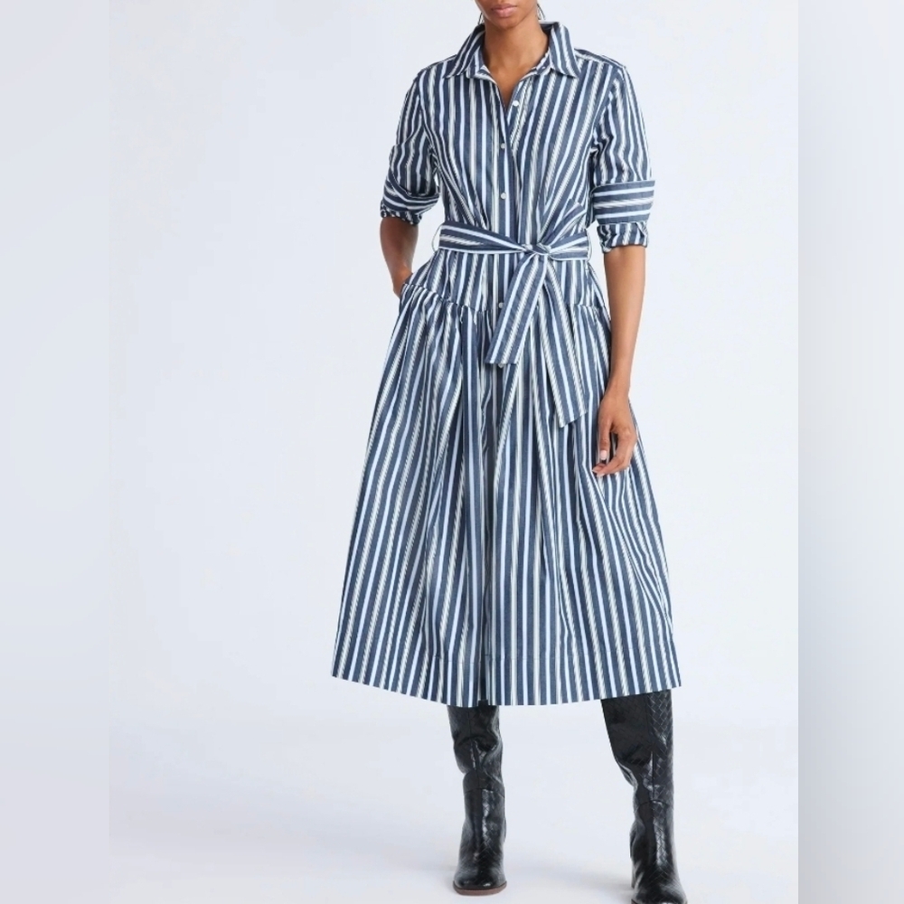 Free Assembly Belted Cotton Maxi Shirt Dress Blue Stripe Long Sleeve SZ Xs
